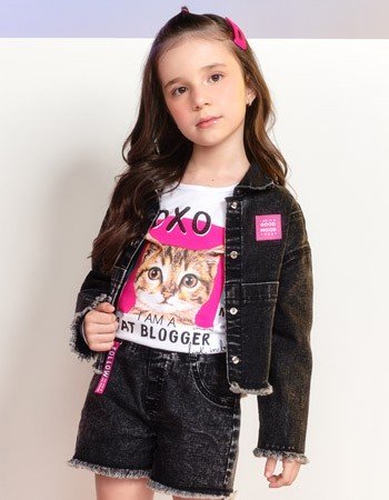 Jaqueta Jeans Infantil Feminina Preta Barra Desfiada Momi