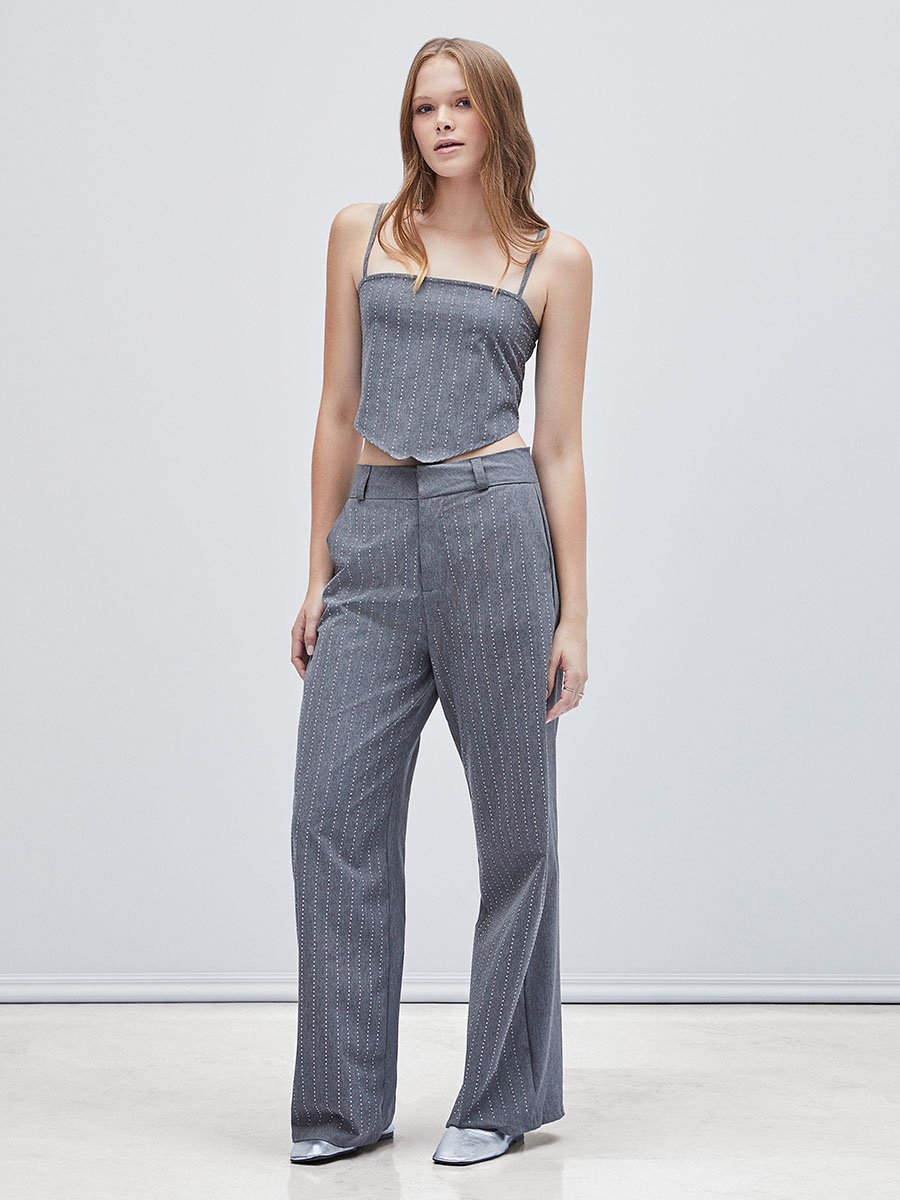 Calça Alfaiataria Cinza com Strass