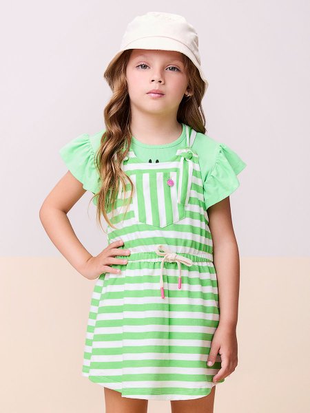 Jardineira Verde Listrada com Cadarço