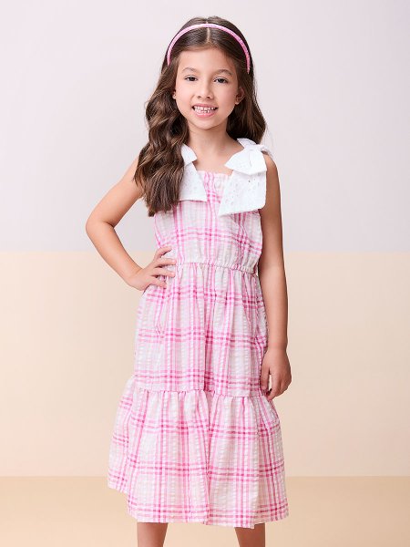 Vestido Rosa Xadrez com Laço