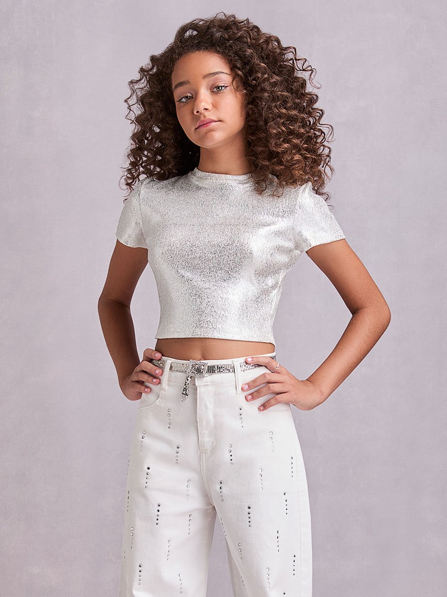 Blusa Cropped de Foil Craquelado