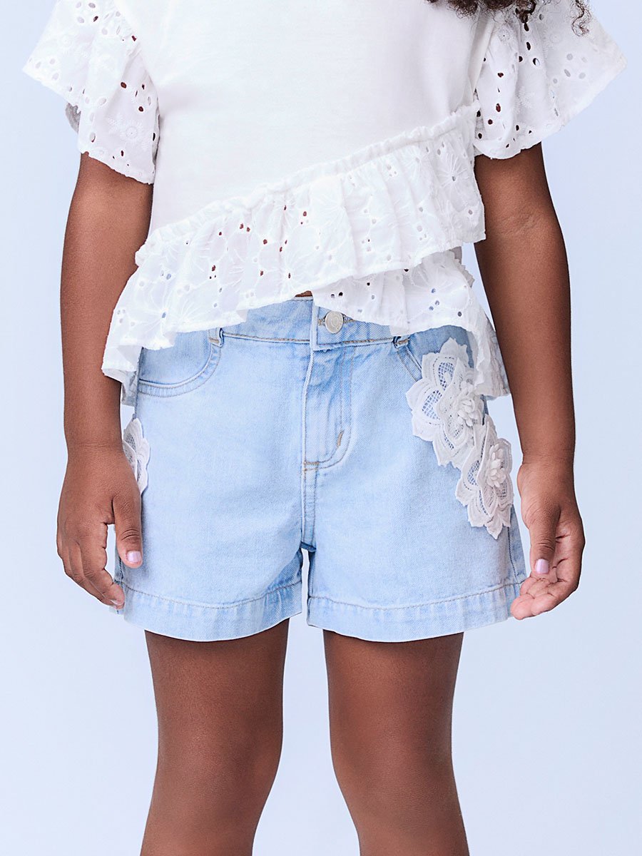 ♡ｍｏｍｏ♡　0603 Short Jeans com Flores de Renda