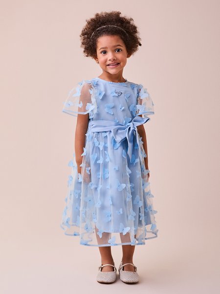 Vestido Azul de Tule com Borboletas 3D