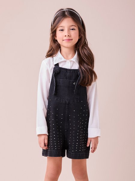 Jardineira Jeans Preta com Strass