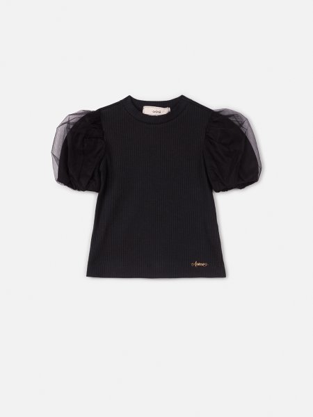 Blusa de Ribana com Mangas em Tule