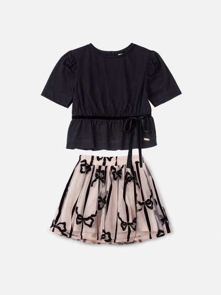 Conjunto Preto de Tule com Laços de Veludo