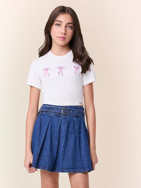 Blusa Baby Tee Off com Laços de Veludo