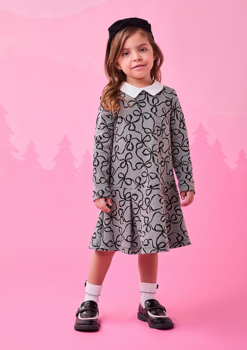 Vestido Manga Longa Jacquard Laço