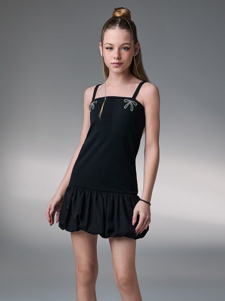 Vestido Balonê com Laços em Pedraria