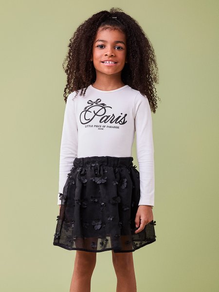 Conjunto Off Manga Longa com Flores 3D