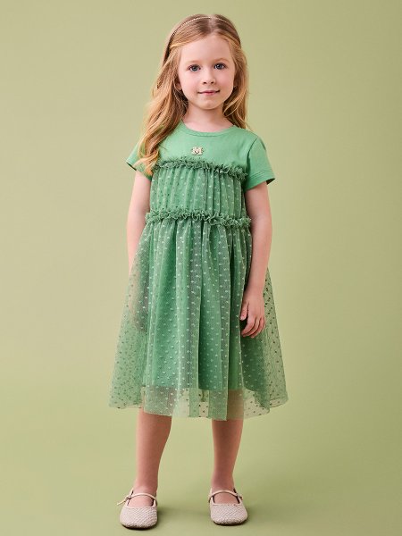 Vestido Verde com Saia de Tule Poá