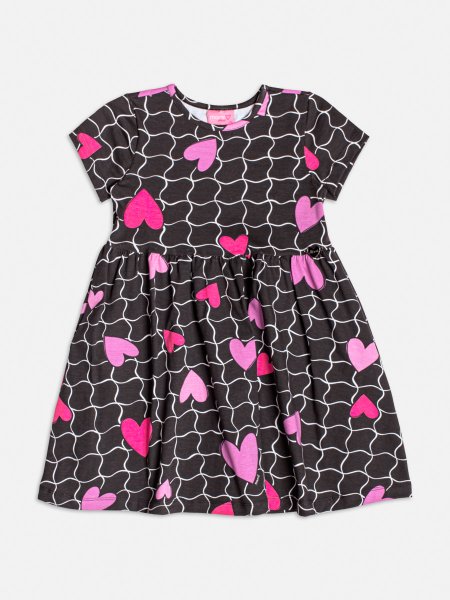 Vestido Manga Curta de Grid e Hearts