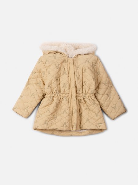 Parka de Matelassê Bege com Capuz Peluciado
