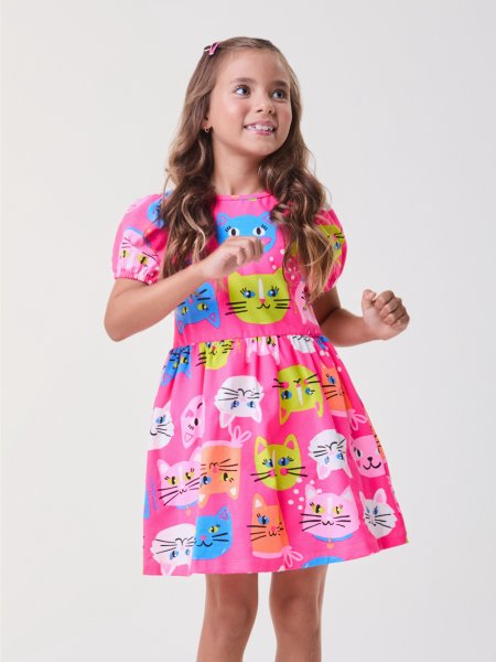 Vestido Pink de Gatinhos com Manga Bufante