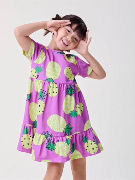 Vestido Roxo com Fruit Print de Abacaxis