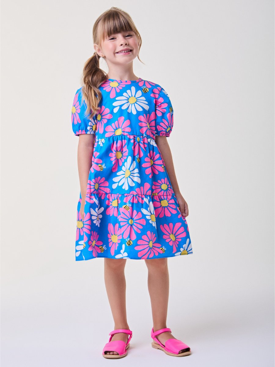 misha&puff 花鉄　mto 18-24m Vestido Azul Royal Floral com Abelhas