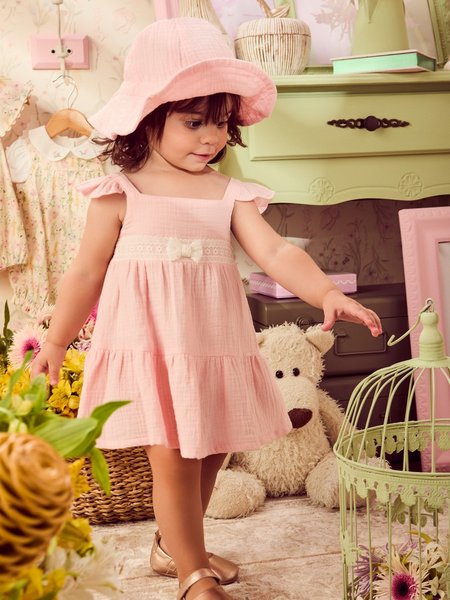 Vestido Rosa Anarrugado com Laço de Renda