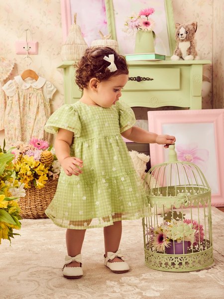 Vestido Verde Xadrez Vichy de Tule Floral