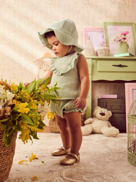 Conjunto Verde Anarrugado com Bordado Floral