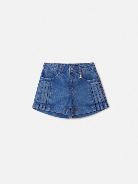 Short Jeans Azul com Detalhes Plissados