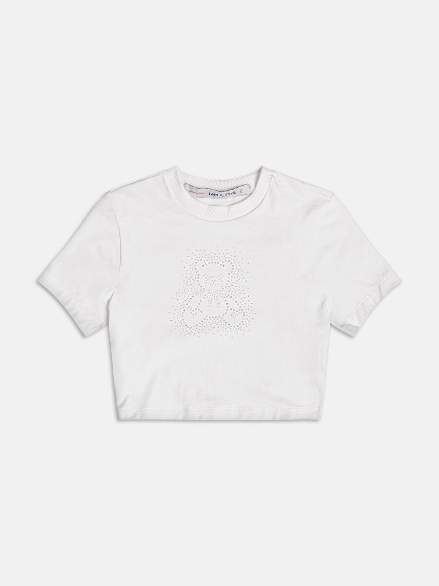 Blusa Baby Tee Off com Ursinho em Strass