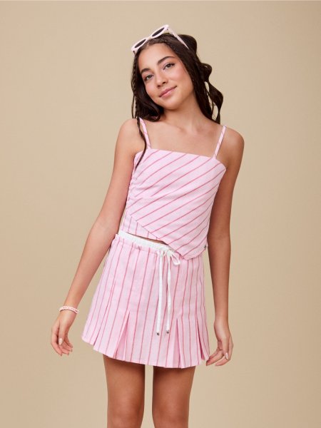 Top Rosa Listrado com Frente Assimétrica