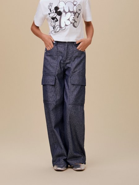 Calça Wide Denim com Listras em Lurex