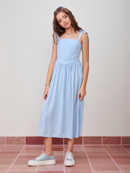 Vestido Azul Listrado com Amarração