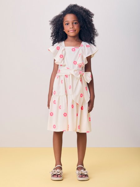 Vestido de Tricoline com Flores Neon