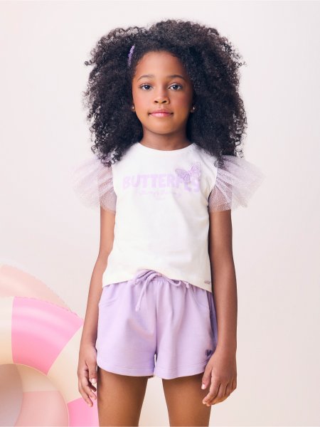 Blusa Off com Mangas em Tule Lilás