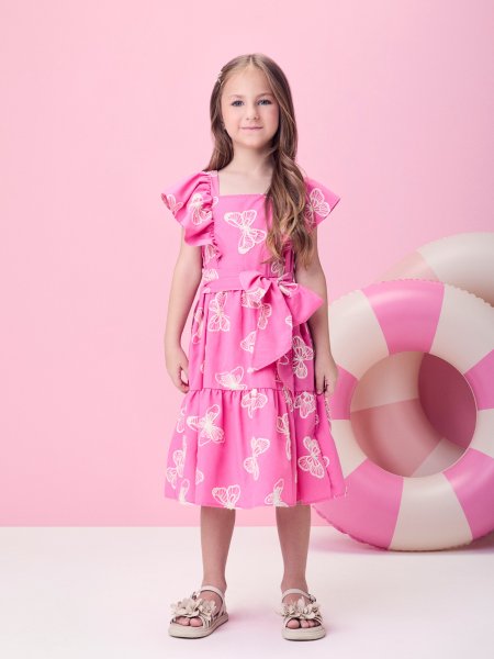 Vestido Tricoline Rosa de Borboletas