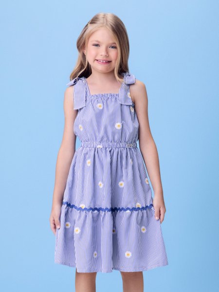 Vestido Azul Listrado com Margaridas