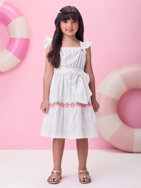 Vestido Tricoline Off com Maçãs
