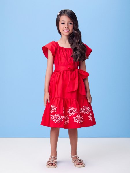 Vestido Vermelho Preppy de Flores