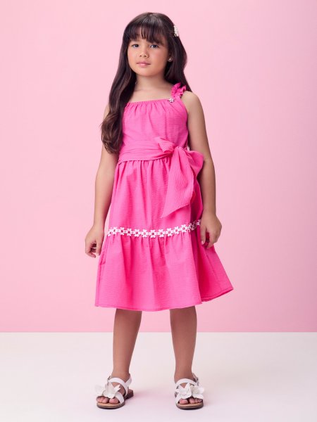 Vestido Anarrugado Rosa com Margaridas