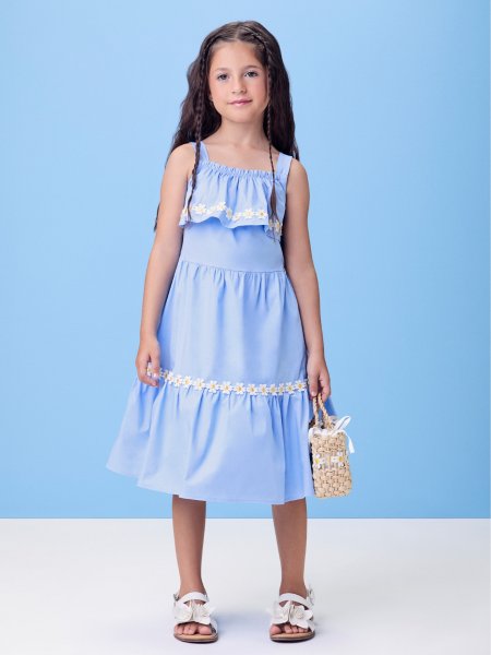 Vestido Tricoline Azul com Margaridas