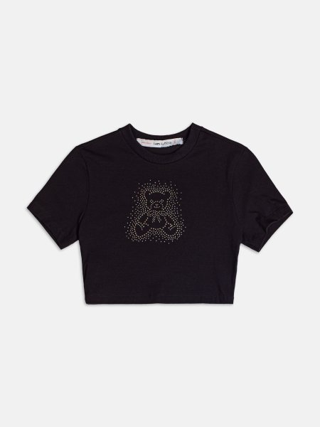 Blusa Baby Tee Preta com Ursinho em Strass