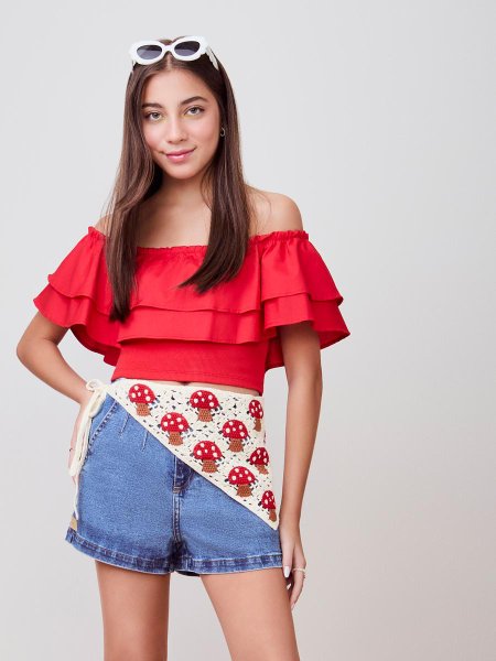 Top Vermelho de Tricoline com Babados