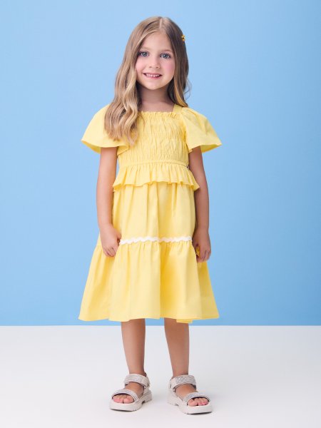 Vestido Tricoline Amarelo com Babados