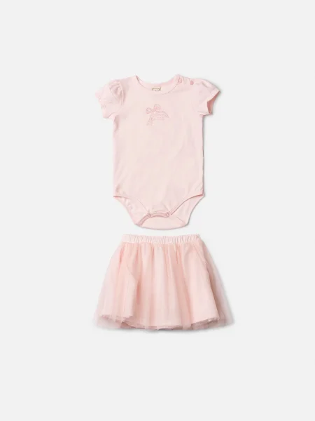 Conjunto Infantil com Body e Saia Tule Rosa