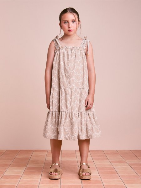 Vestido Infantil Bege de Laise com Amarração