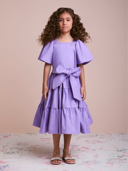 Vestido Infantil Lilás com Laço e Renda