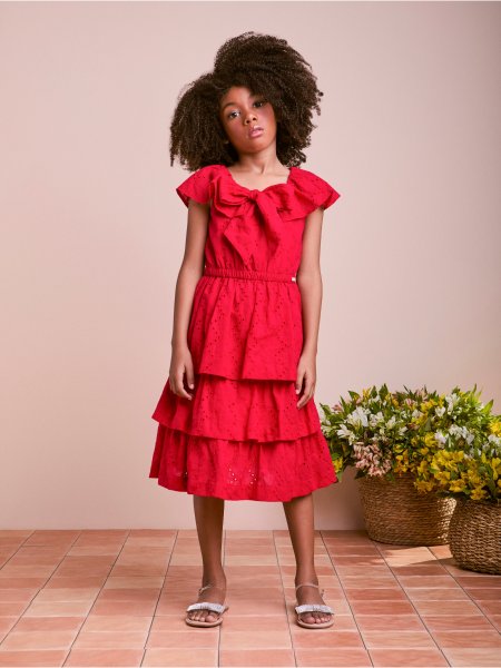 Vestido de Laise Vermelho com Babados