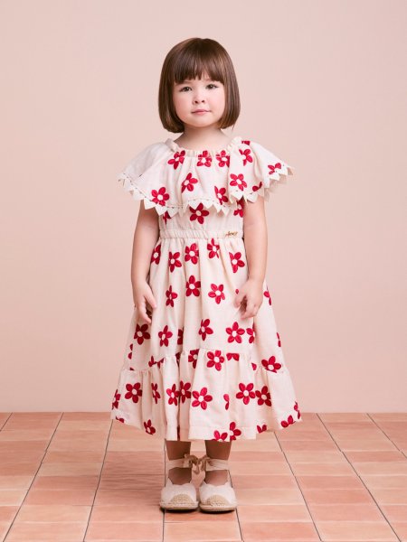 Vestido Infantil Pérola com Flores Bordadas