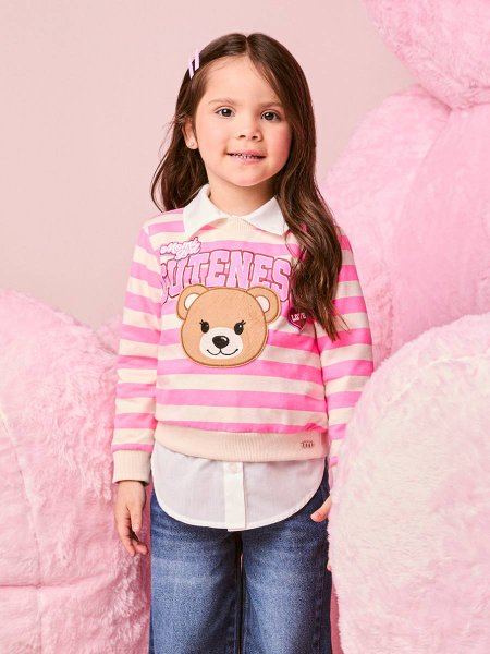 Casaco Infantil Menina Listrado com Patch de Ursinha