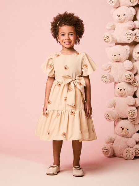 Vestido Infantil Menina com Bordado de Ursinho