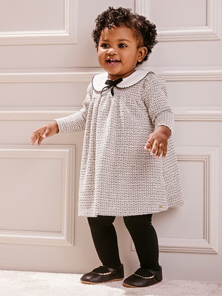 Vestido Infantil Menina Animê de Tweed com Gola Boneca e Laço de Veludo