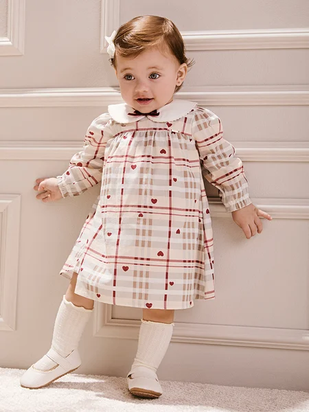 Vestido Infantil Menina Animê Xadrez com Gola Boneca e Laço de Veludo