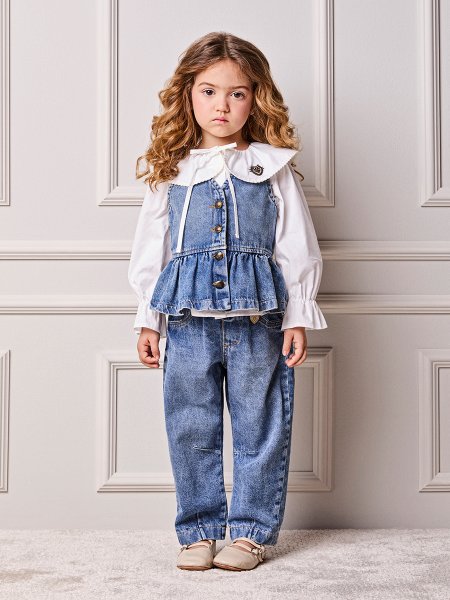 Colete Infantil Menina Animê Jeans Peplum com Pingente