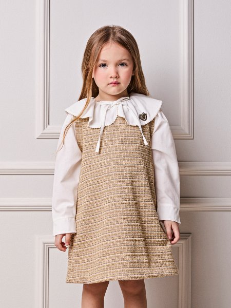 Vestido Infantil Menina Animê de Tweed com Gola e Mangas de Tricoline